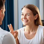 **Image Prompt:** A health coach, warmly smiling, is actively listening to a client in a sunlit, comfortable office. The client is gesturing while speaking, conveying emotion. Subtle visual cues indicate trust and empathy: eye contact, relaxed body language. The background is softly blurred, emphasizing the connection between coach and client. The overall mood is supportive and encouraging.