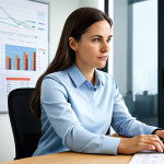 A focused professional female health coach, mid-30s, dressed in a modest, smart business casual blouse and trousers, seated at a modern, uncluttered desk. She is looking intently at a laptop screen displaying complex scientific data and charts, with several reputable medical journals open beside her. The background is a clean, well-lit modern office space, emphasizing research, evidence-based knowledge, and clarity from information overload. Perfect anatomy, correct proportions, natural pose, well-formed hands, proper finger count, natural body proportions. safe for work, appropriate content, fully clothed, professional, family-friendly.