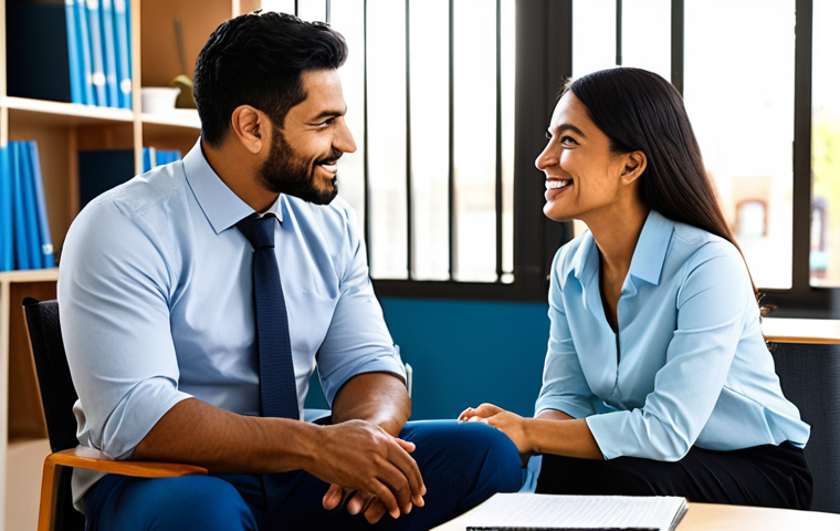 **

"A friendly and supportive health coach, fully clothed in professional attire, sitting with a Latin American client in a sunlit office. The coach is actively listening, showing empathy and understanding. Safe for work, appropriate content, modest clothing, perfect anatomy, natural pose, family-friendly, professional photography, high quality."

**