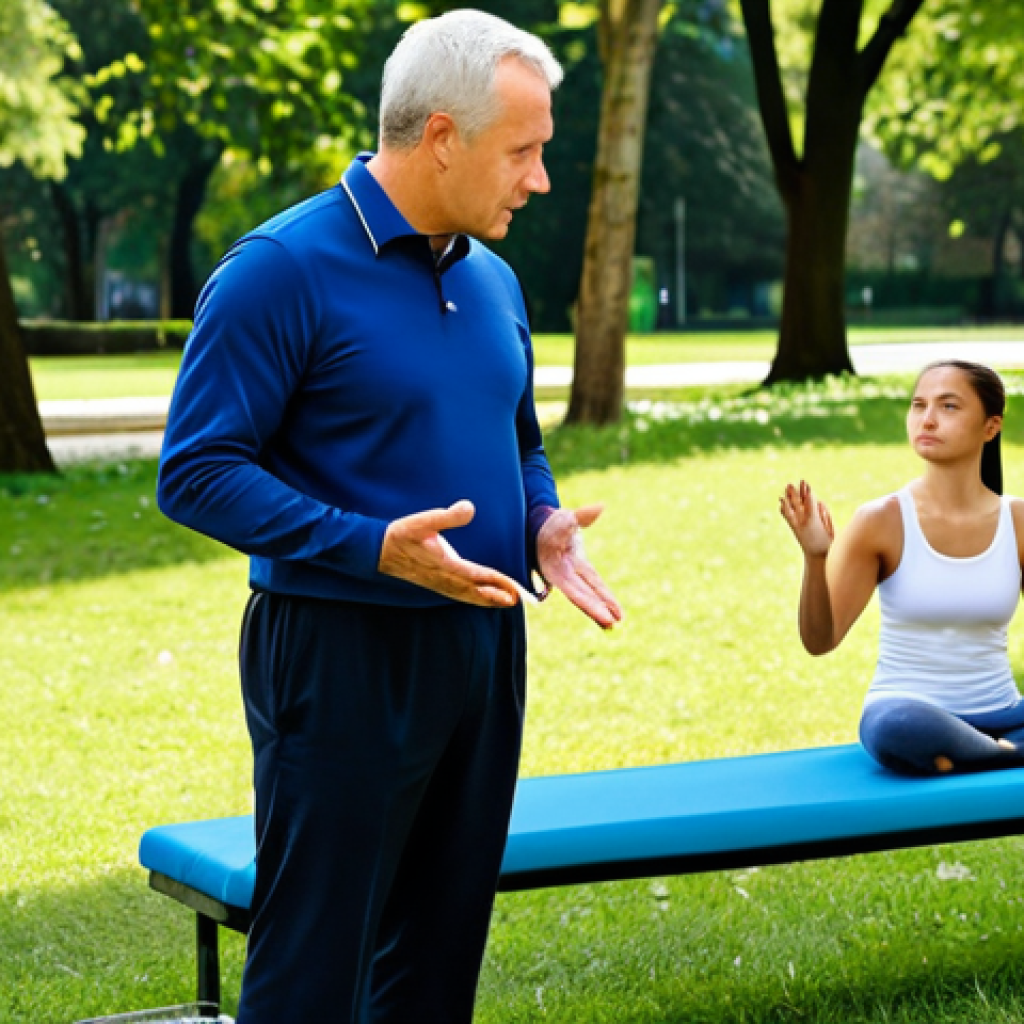 건강코칭과 심리상담의 융합 - Mind-Body Connection**

"A professional coach guiding a client in a park setting, demonstrating mind...