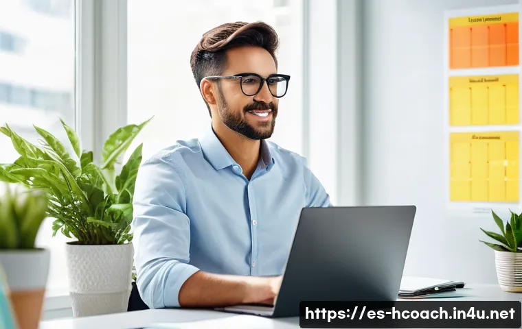 건강코칭 전문가를 위한 시간 관리 앱 - A professional health coach in a bright, modern office setting, focused on a digital calendar displa...