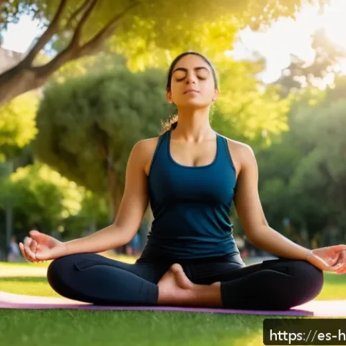 건강코칭과 스트레스 매니지먼트 - A serene scene of a young Hispanic woman practicing mindful deep breathing outdoors in a vibrant urb...
