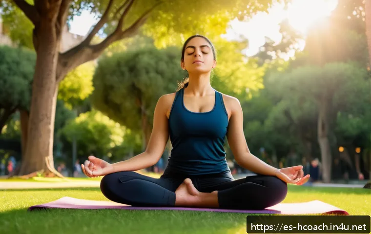 건강코칭과 스트레스 매니지먼트 - A serene scene of a young Hispanic woman practicing mindful deep breathing outdoors in a vibrant urb...