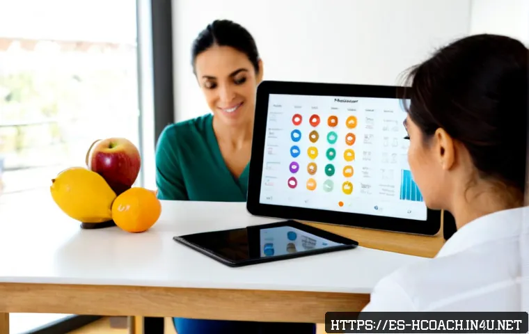 Home 17 건강코칭 시장 진입 전략 - Photorealistic health coach in a bright modern wellness studio in Madrid, warmly consulting with a d...